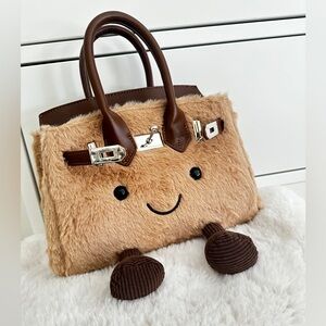 DARK BEIGE TikTok Jellykin JellyCat Plush Handbag with Smiley Face double Handle